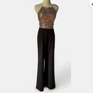 (S) CHARLOTTE RUSSE Rose-Pink Back Lace-up Sequined Top Black Slacks Jumpsuit